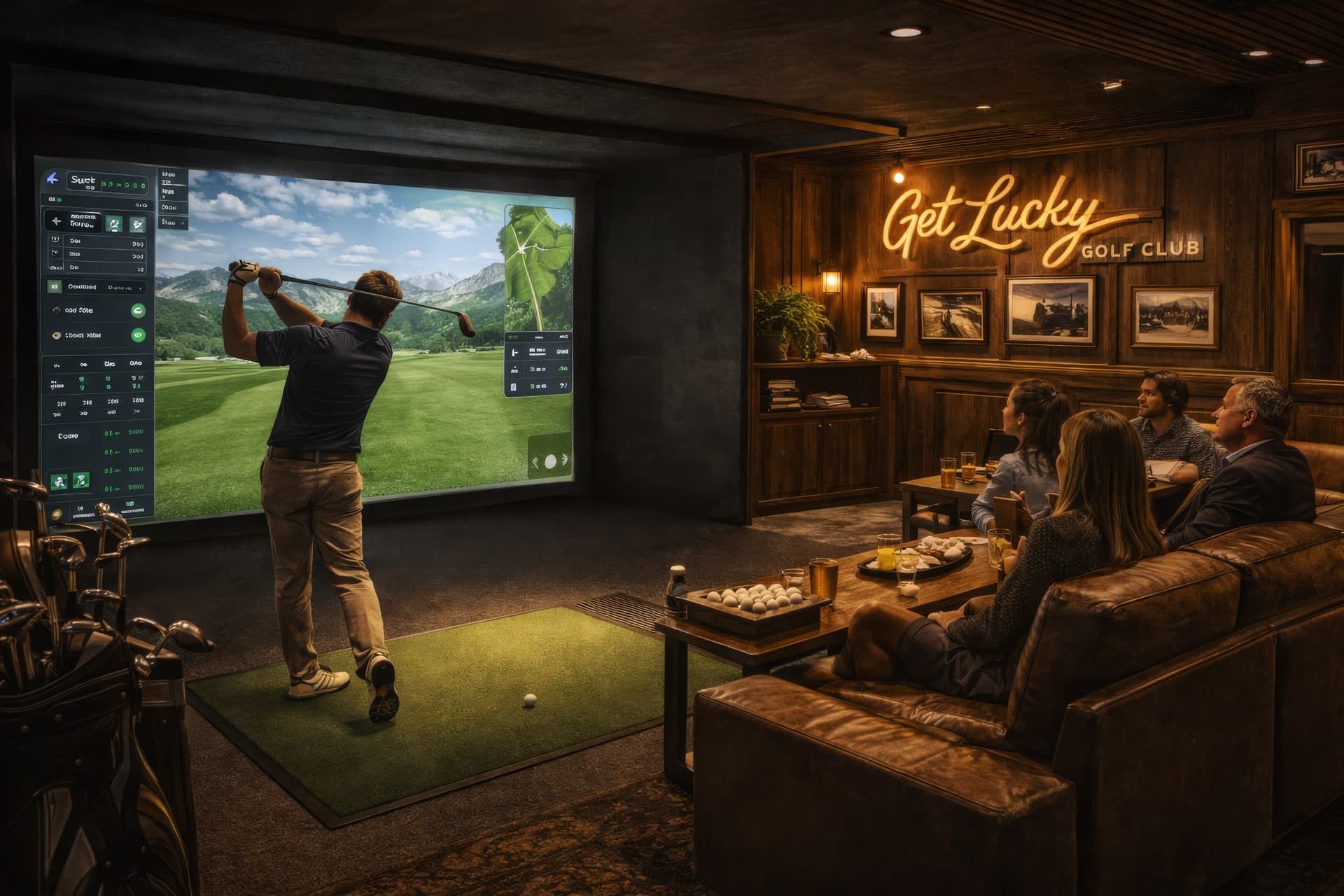 Golfer mid-swing at a Get Lucky branded golf simulator